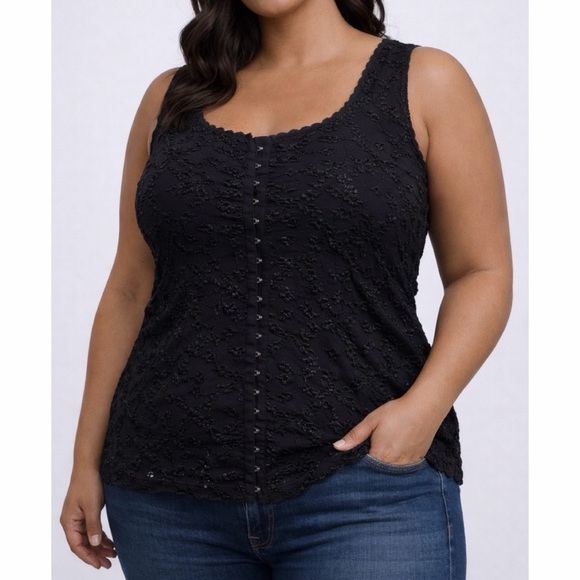 Venezia Jeans Tops - VENEZIA JEANS • Black Floral Embroidered Hook-Eye Corset-Style Tank Top, 26/28